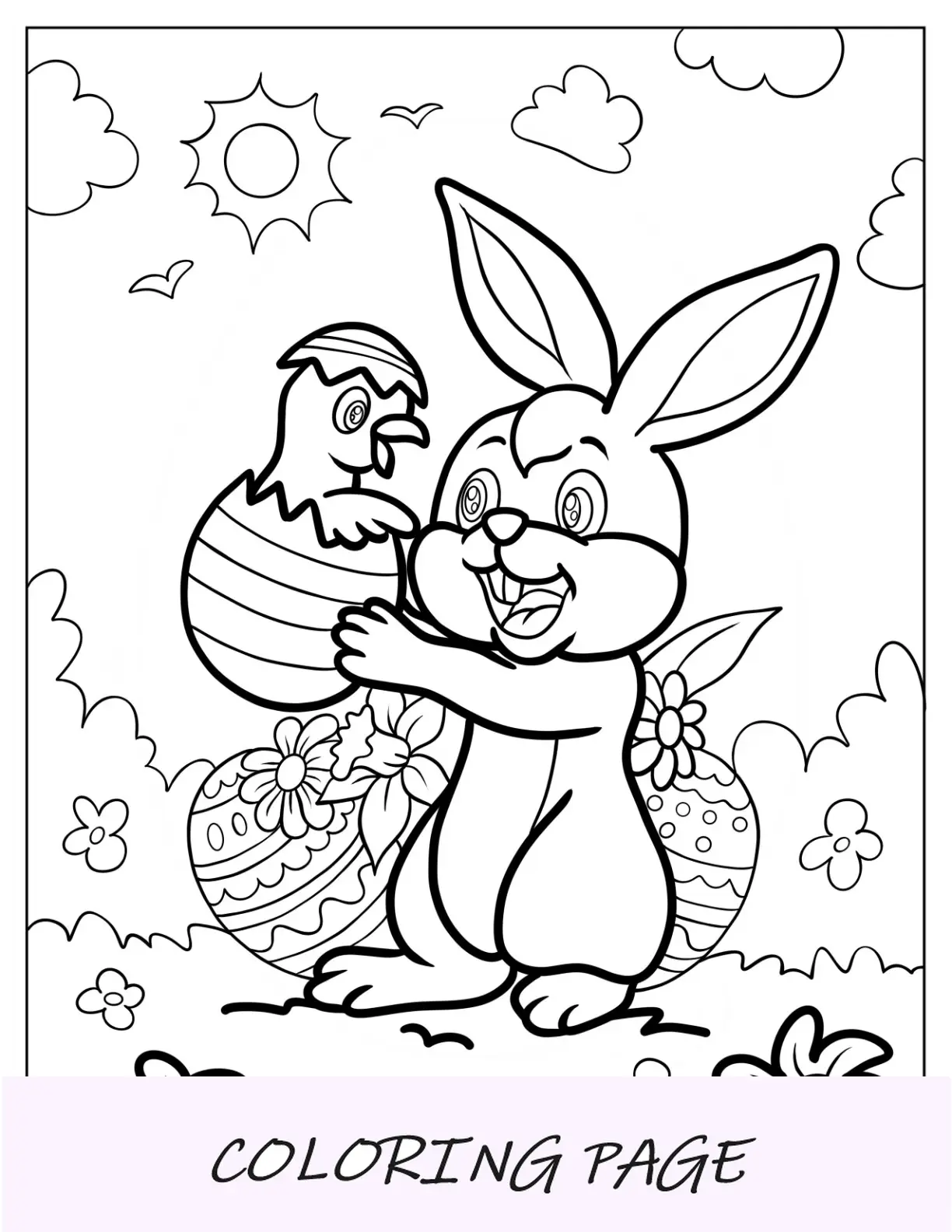 Página para colorir de coelhinho da Páscoa segurando um ovo de Páscoa com um pintinho dentro