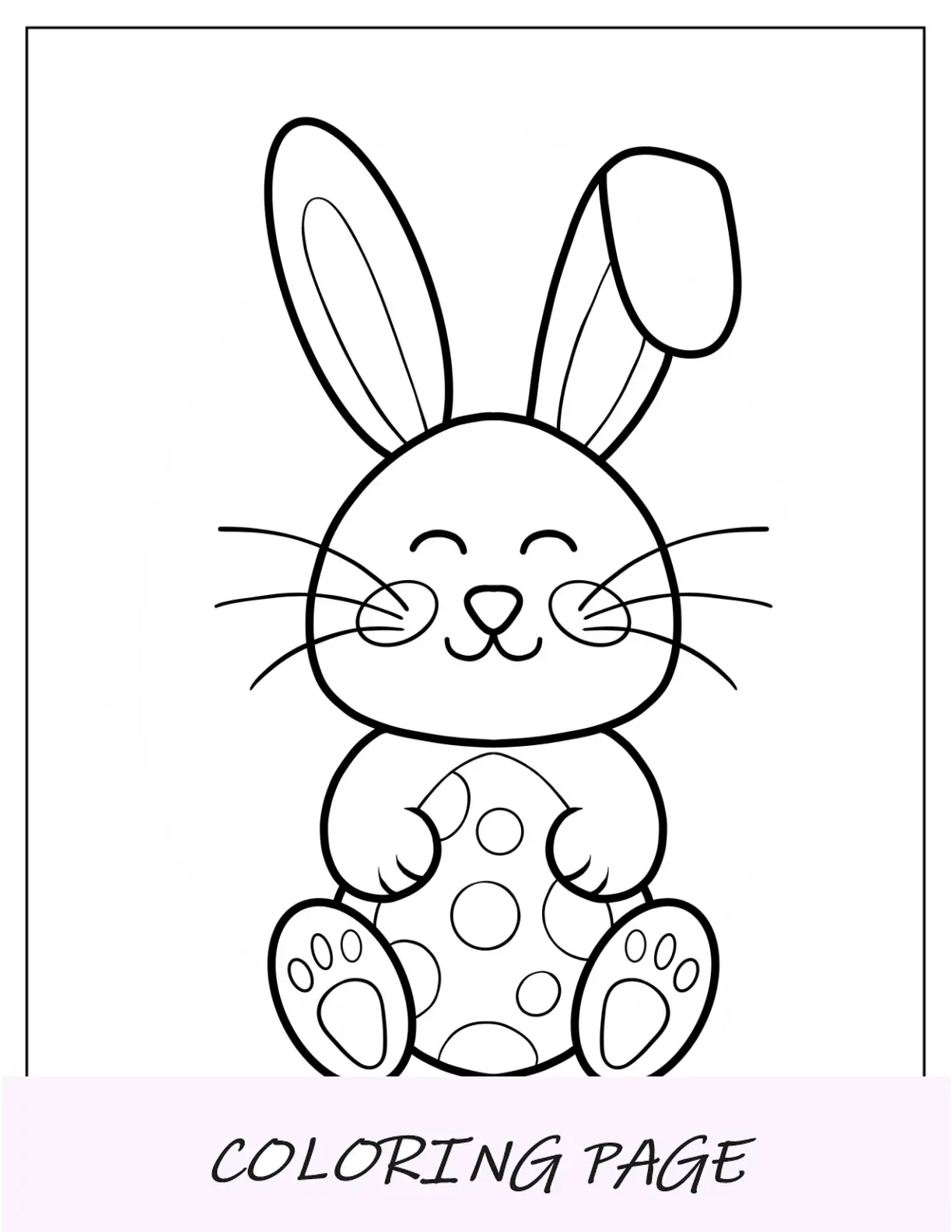 Página para colorir de coelhinho da Páscoa sorridente abraçando ovo de bolinhas para crianças em idade pré-escolar