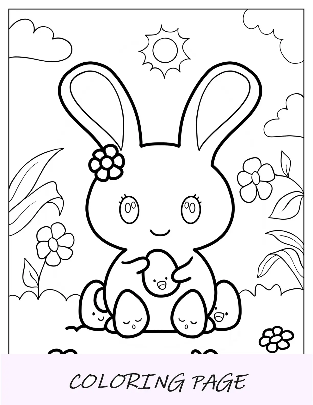 Esboço simples de página para colorir de coelhinho da Páscoa com ovos de desenho animado