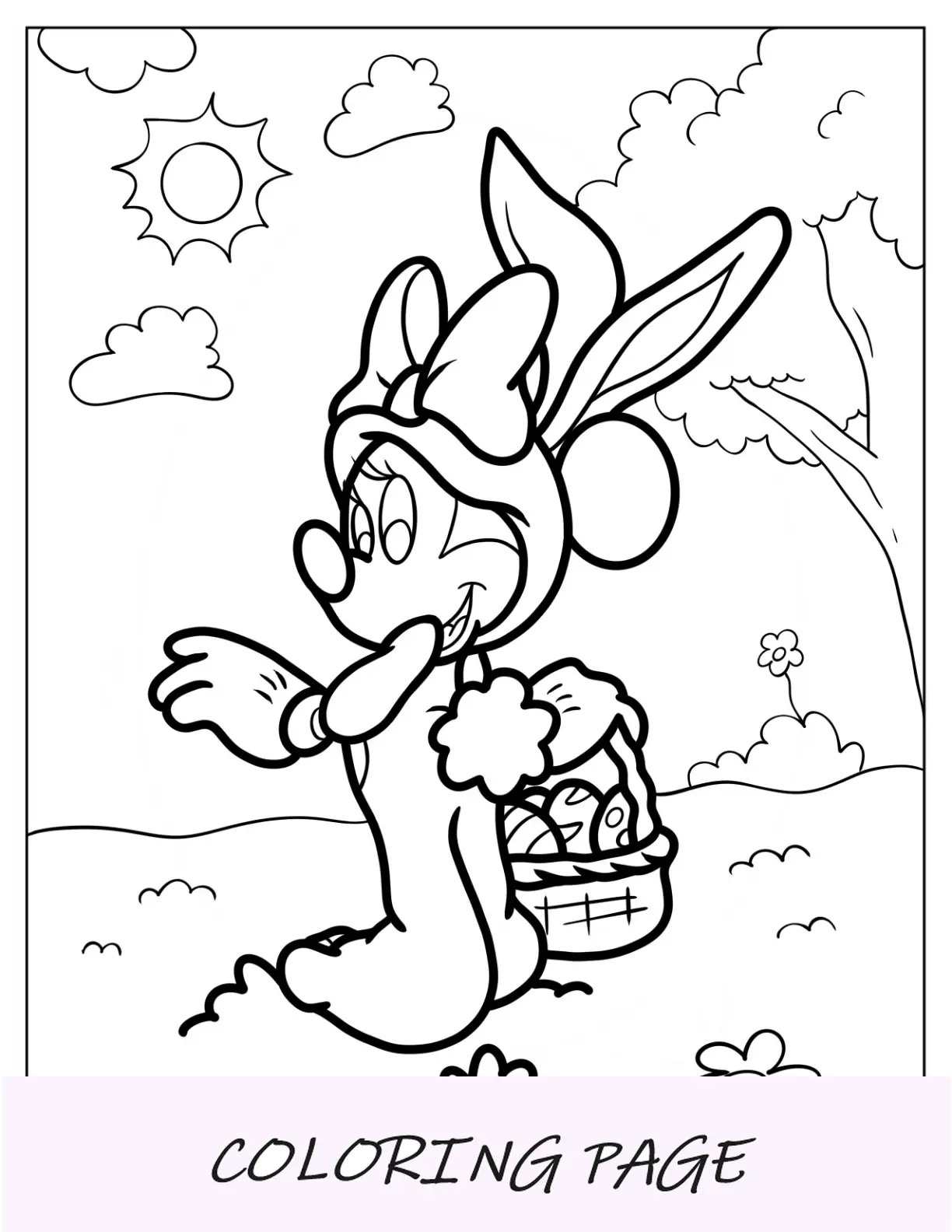 Fantasia de página para colorir de coelhinho da Páscoa da Minnie Mouse segurando uma cesta com ovos