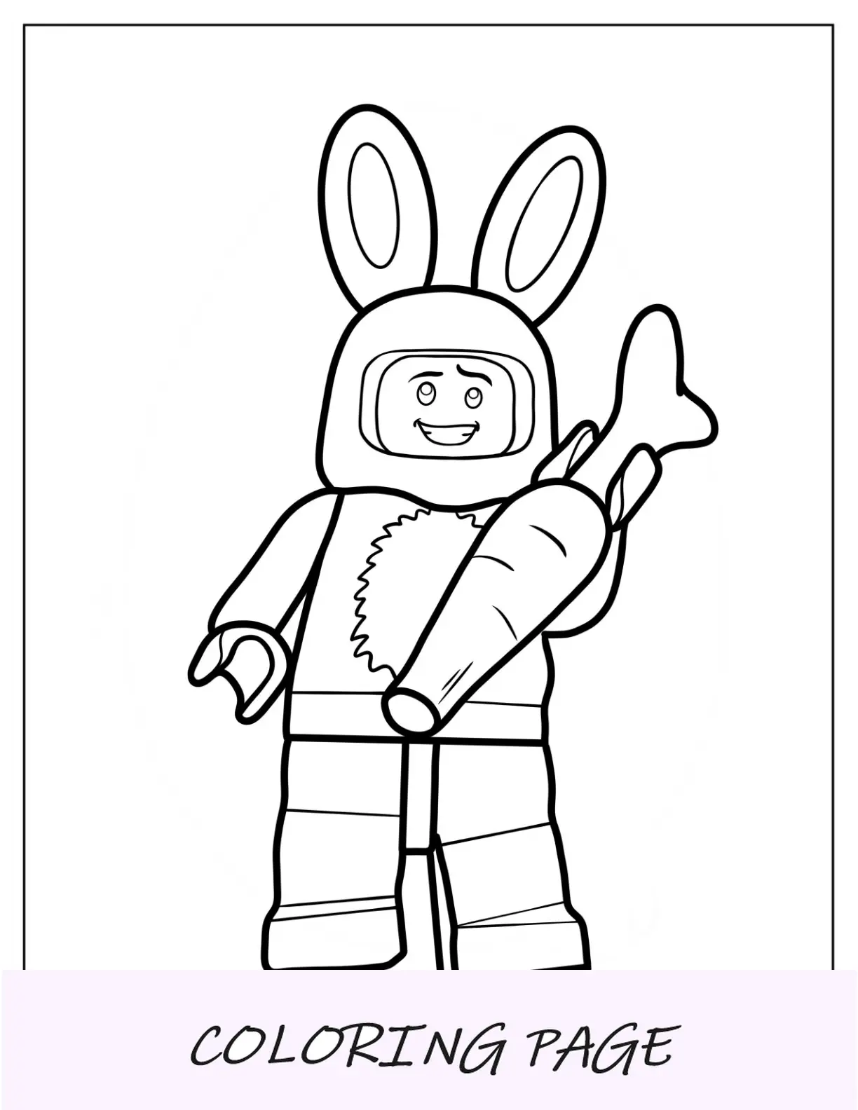 Homem Lego com fantasia de página para colorir de coelhinho da Páscoa segurando cenoura