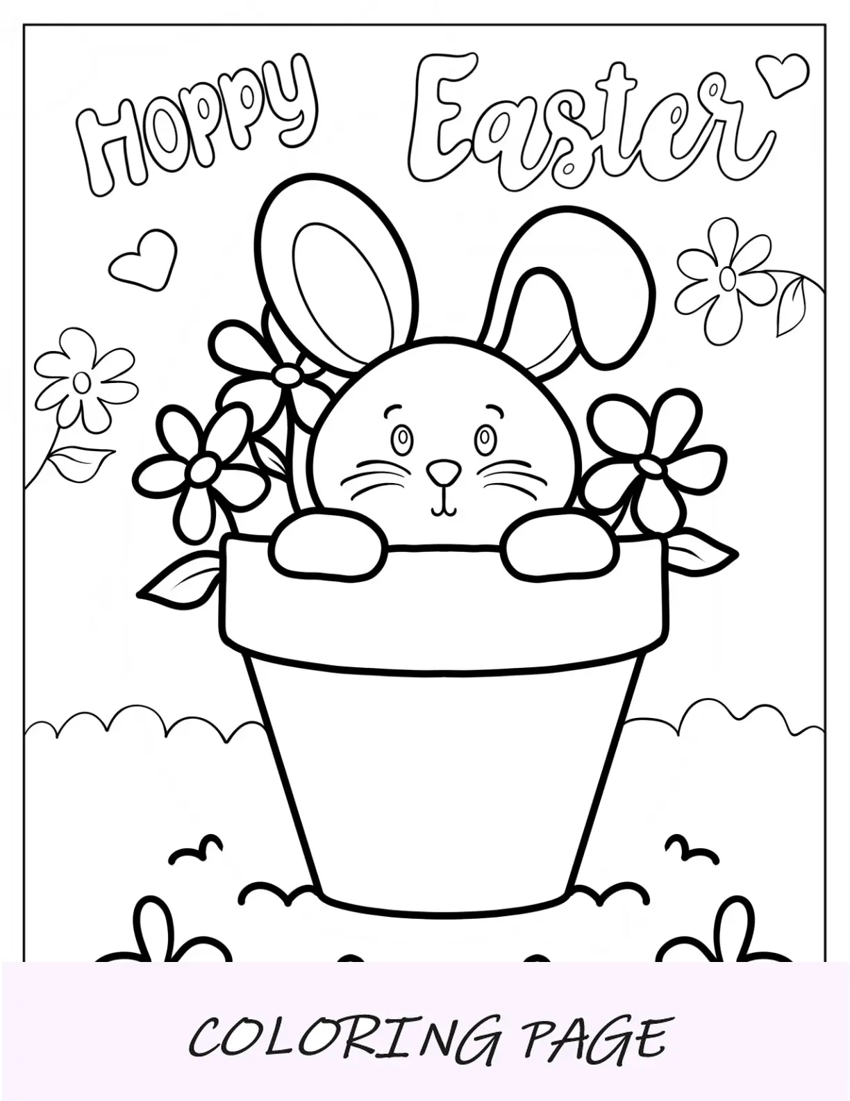 Página para colorir do coelhinho da Páscoa dentro do vaso de flores