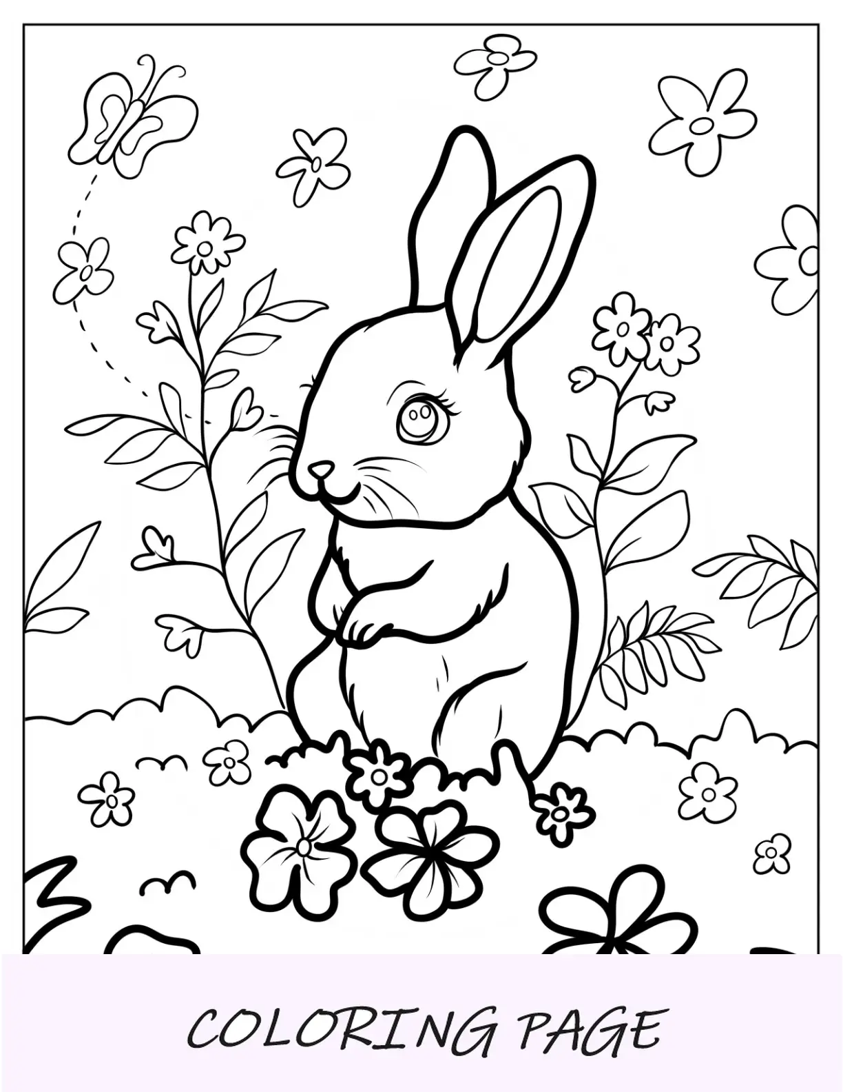 Página para colorir de coelhinho da Páscoa em campo de flores para crianças