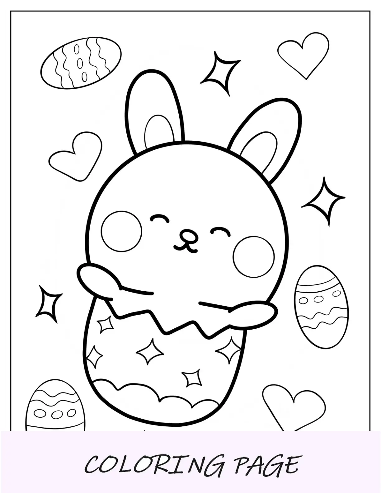 Página para colorir de coelhinho da Páscoa Kawaii saindo de um ovo de Páscoa
