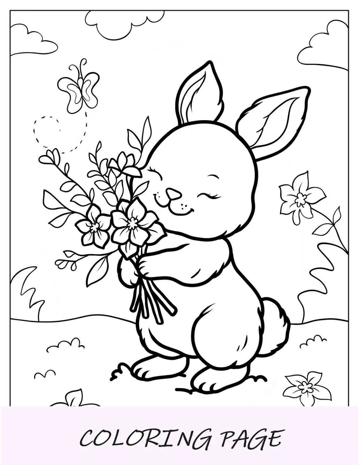 Página para colorir de coelhinho da Páscoa feliz segurando um buquê de flores para crianças