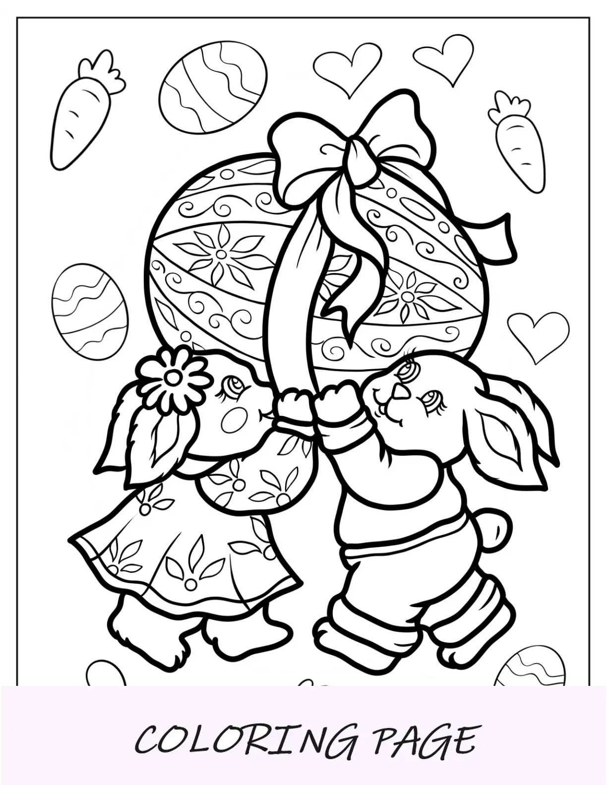 Página para colorir de coelhinho da Páscoa de menina e menino carregando ovo de Páscoa com laço