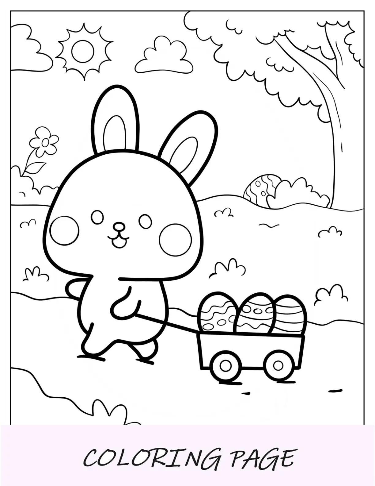 Página para colorir do coelhinho da Páscoa puxando um carrinho de ovos de Páscoa