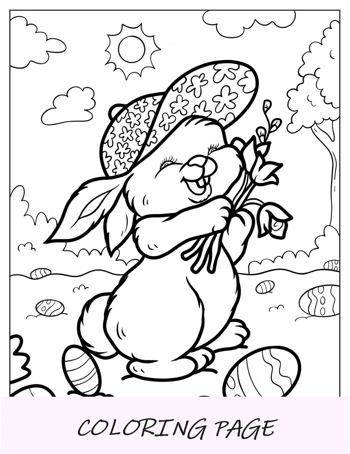 Página para colorir de coelhinho da Páscoa fofo com boné floral segurando flores