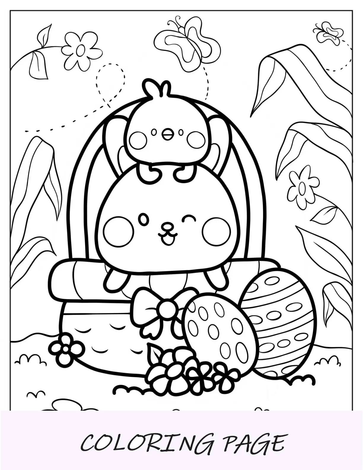 Página para colorir de coelhinho da Páscoa de desenho animado e pintinho com ovos de Páscoa na cesta