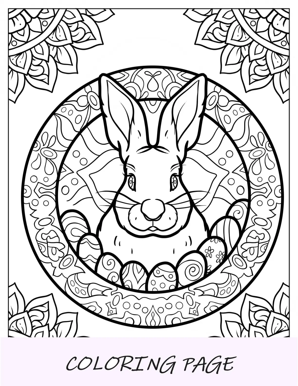 Página detalhada para colorir de coelhinho da Páscoa e mandala de ovos