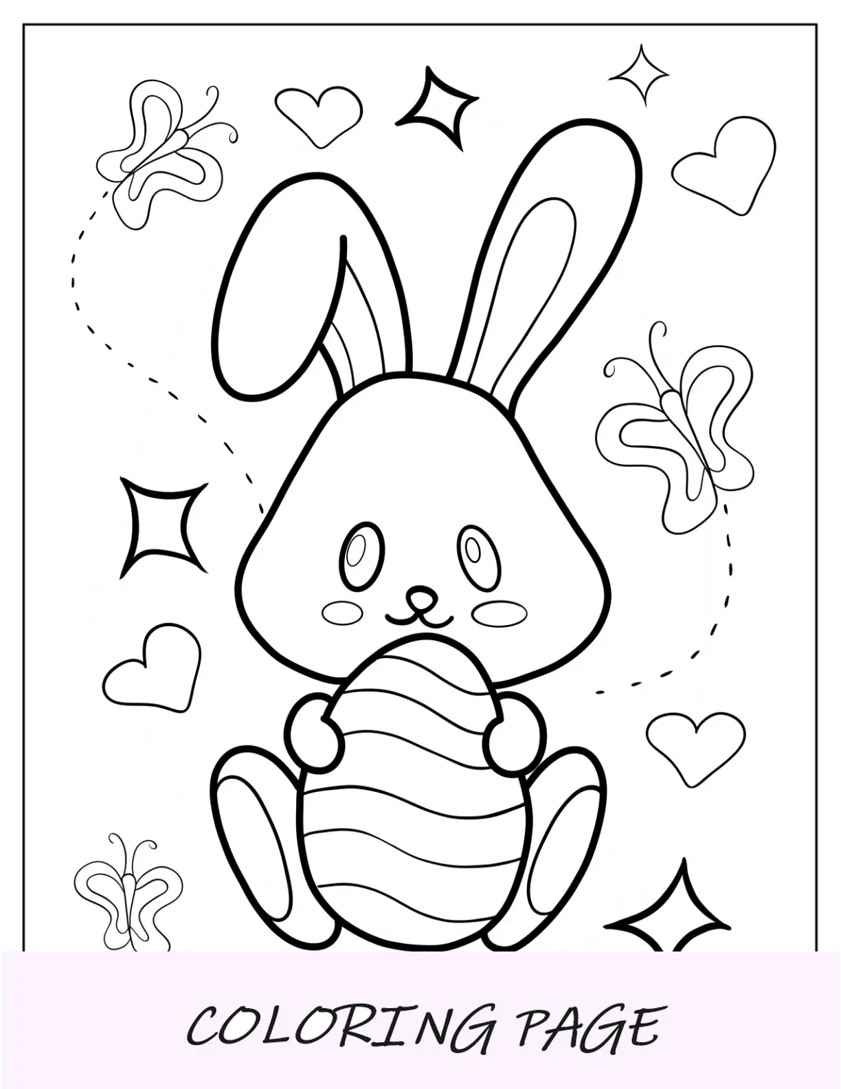 Página para colorir fácil de coelhinho da Páscoa com ovo e borboleta
