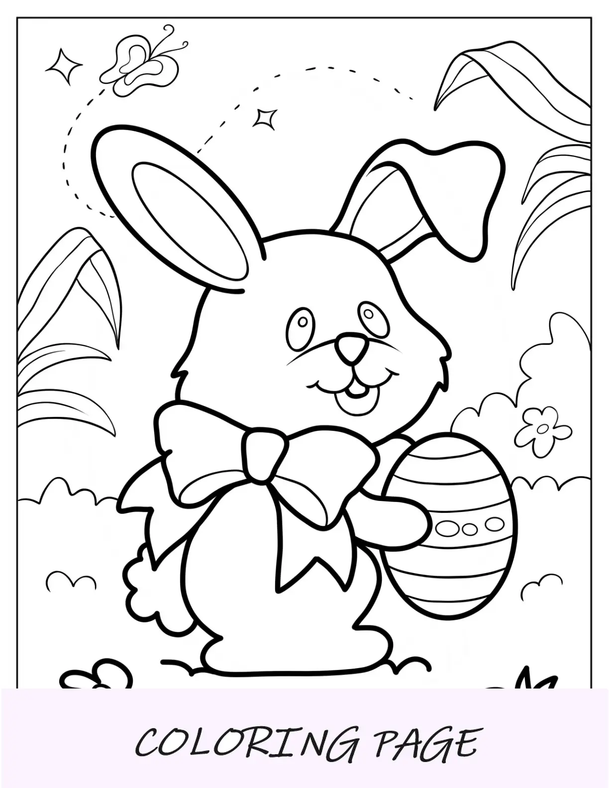 Página para colorir de coelhinho da Páscoa com laço grande e ovo de Páscoa