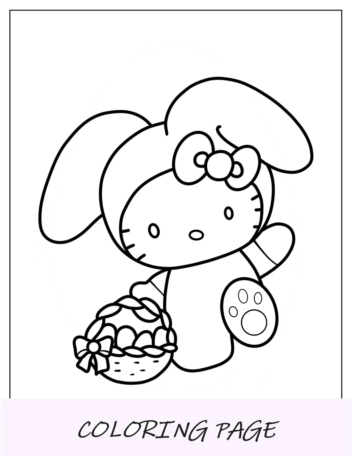 Fantasia de página para colorir de coelhinho da Páscoa da Hello Kitty carregando uma cesta de ovos