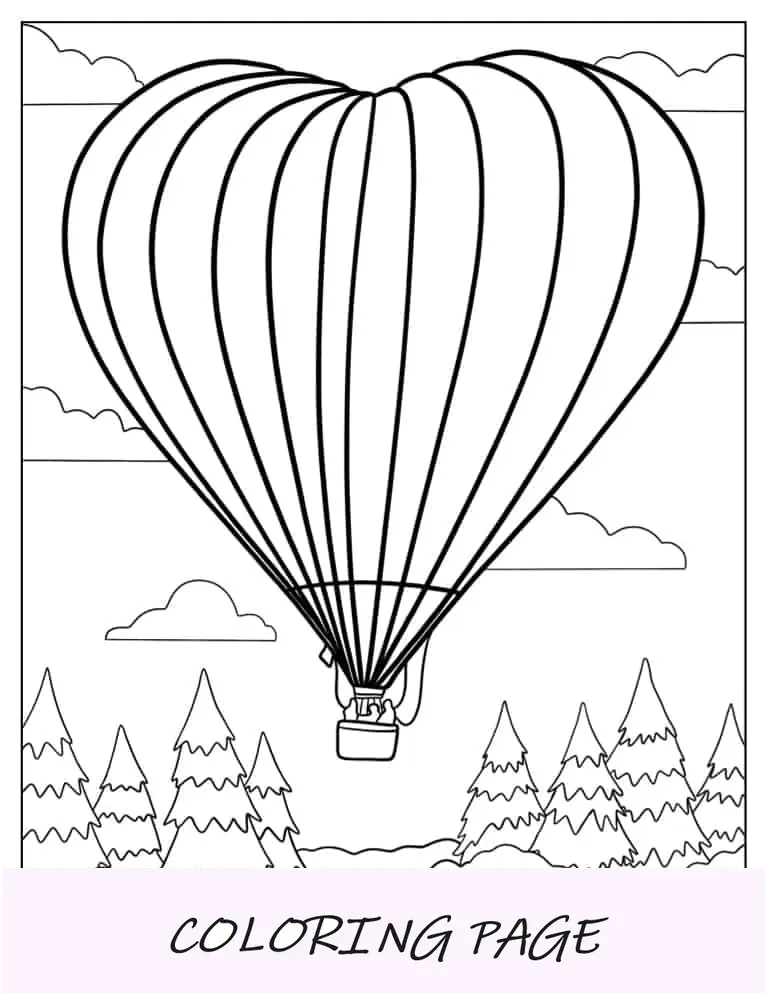 Balão de ar quente com coração de amor para colorir