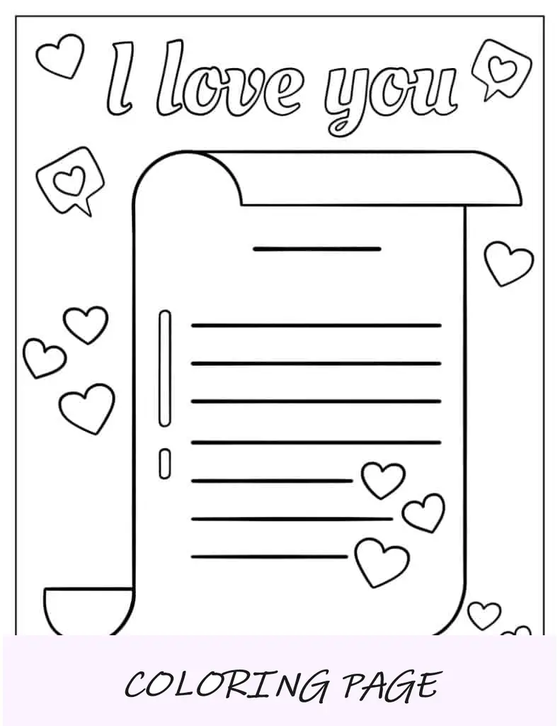 Página para colorir de carta de amor