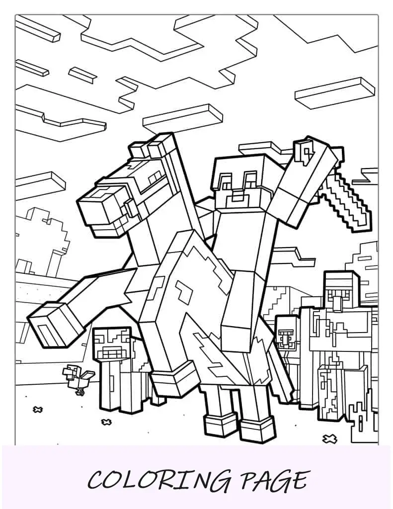 Página para colorir de Minecraft Steve andando a cavalo com espada