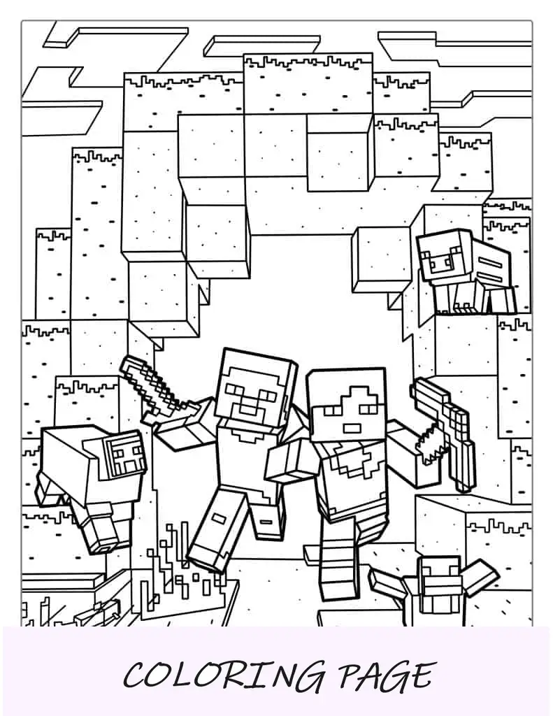 Alex e Steve cercados por blocos de Minecraft para colorir