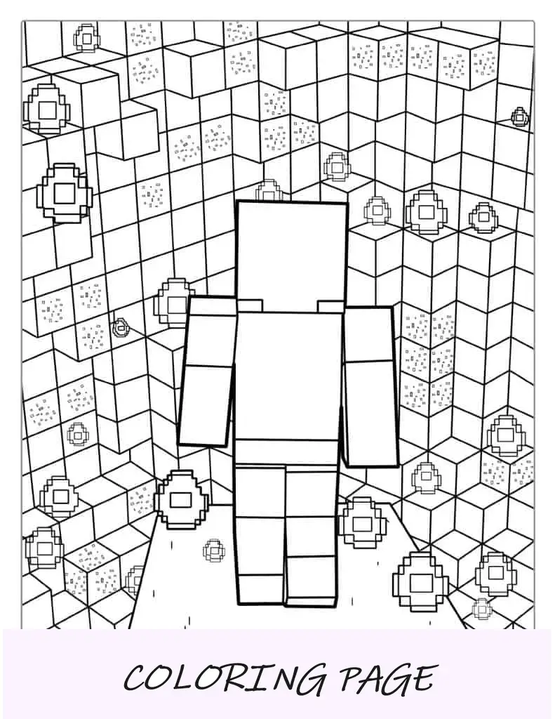 Folha para colorir Minecraft Steve na caverna dos diamantes