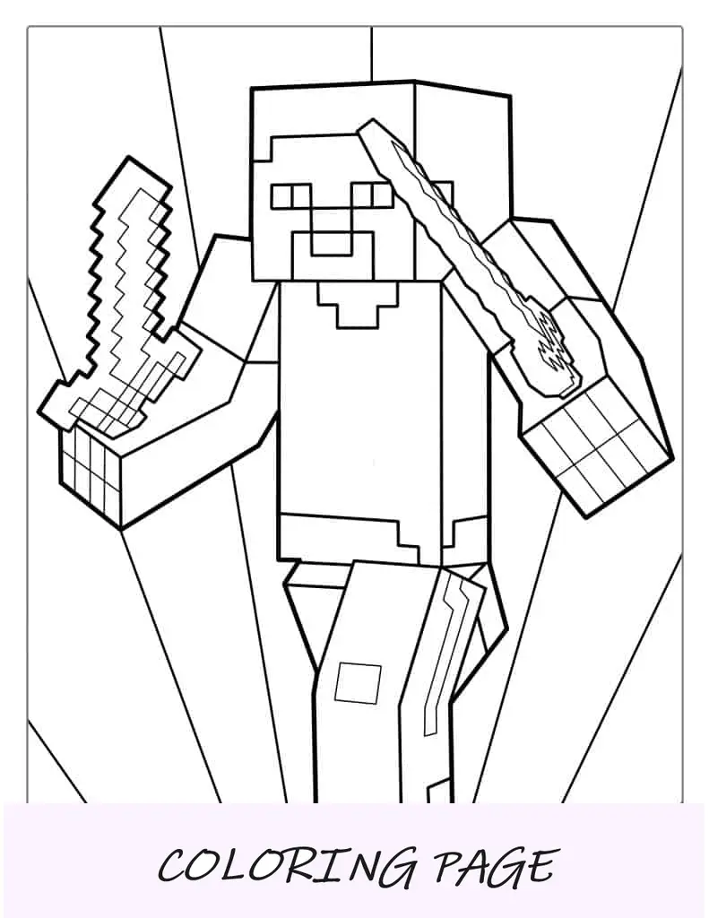 Folha para colorir de Minecraft Steve segurando espadas