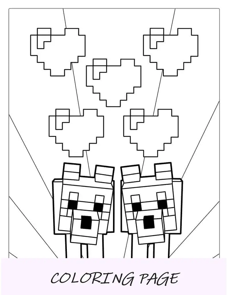 Página para colorir de lobos com corações de amor do Minecraft
