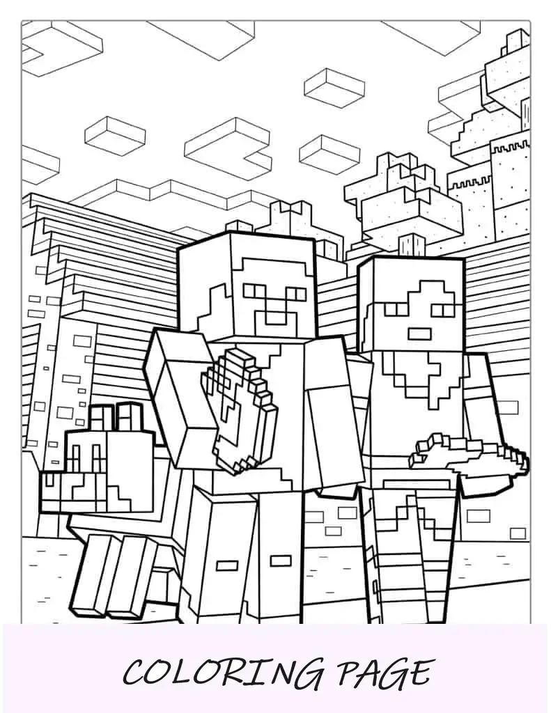 Página para colorir de Minecraft Steve, Alex e Wolf