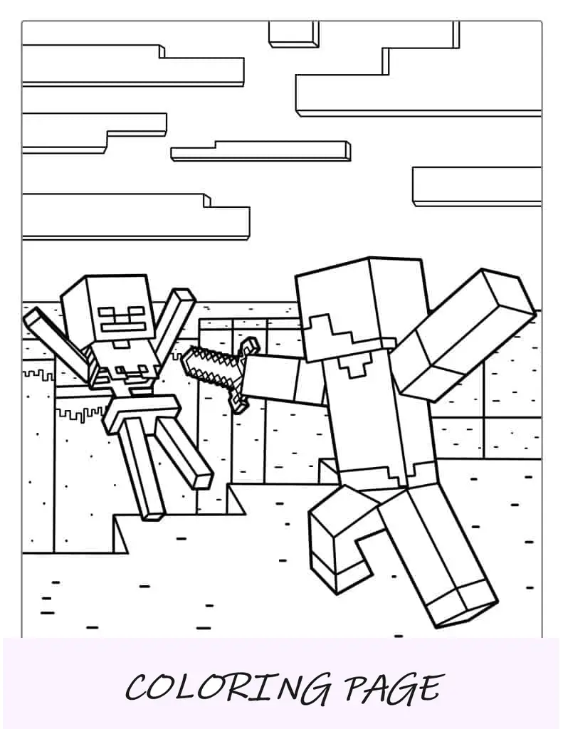 Página para colorir de Minecraft Steve Vs esqueleto