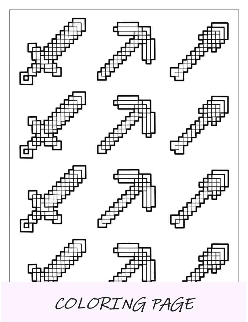 Página para colorir de picareta, espada e pá do Minecraft