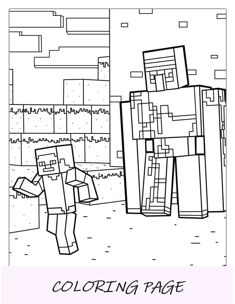 Página para colorir Golem de ferro e Minecraft Steve