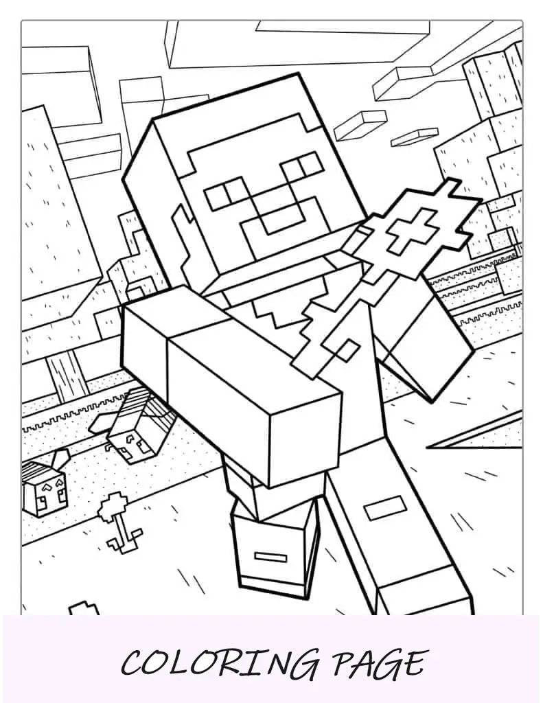 Página para colorir detalhada de Minecraft Steve segurando uma flor