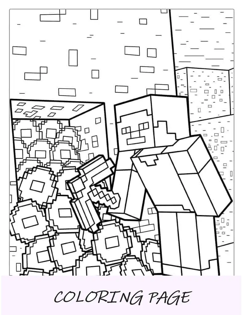 Página para colorir de Minecraft Steve em prospecção de diamantes