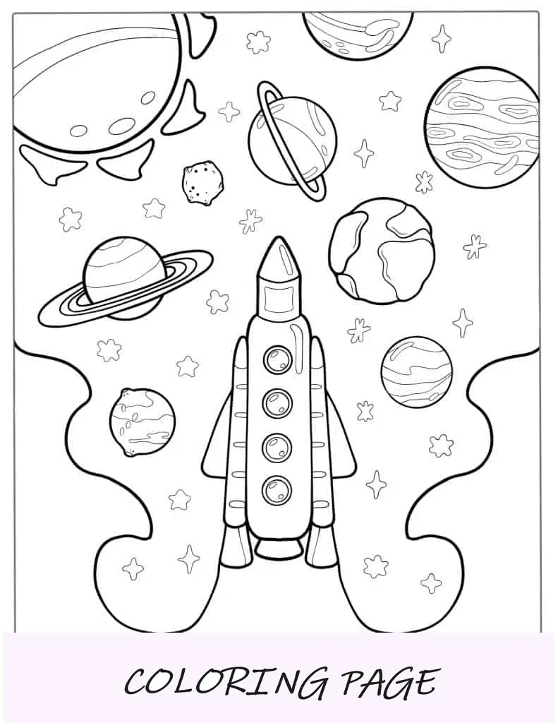Cohete despegando hacia el espacio con planetas para colorear