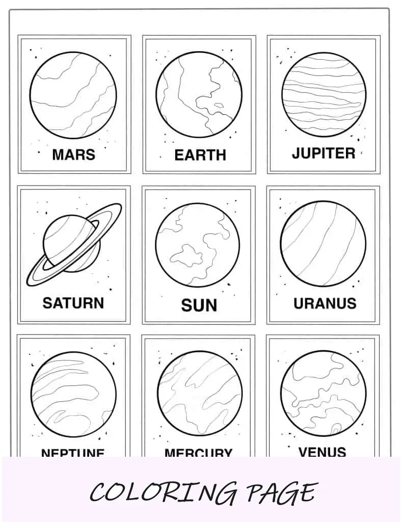 Tarjetas didácticas para colorear de los planetas del sistema solar