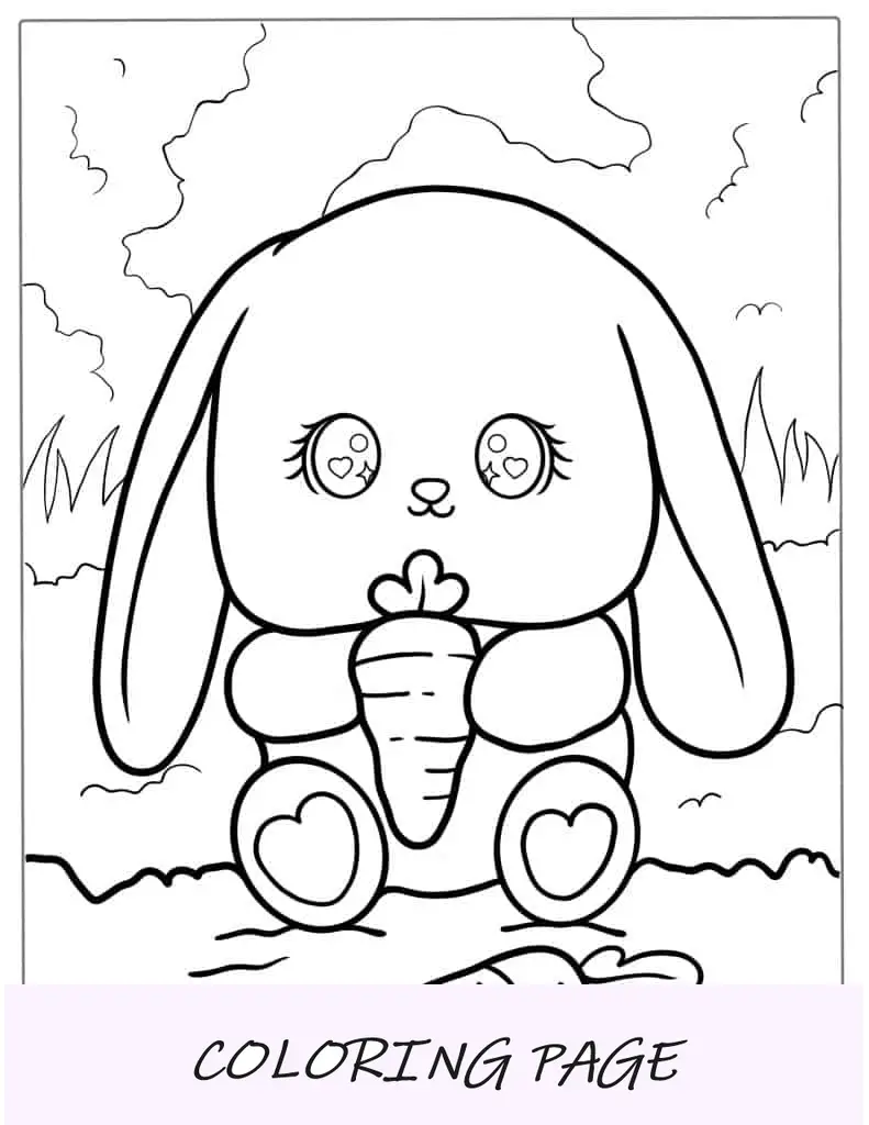 Simpatico coniglio Kawaii che mangia coniglio da colorare per i più piccoli