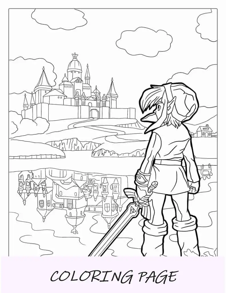 Link De Pie Frente Al Castillo De Hyrule Para Colorear