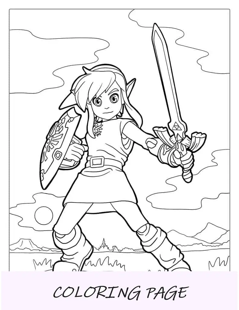 Link Sosteniendo Escudo Y Espada Página Para Colorear