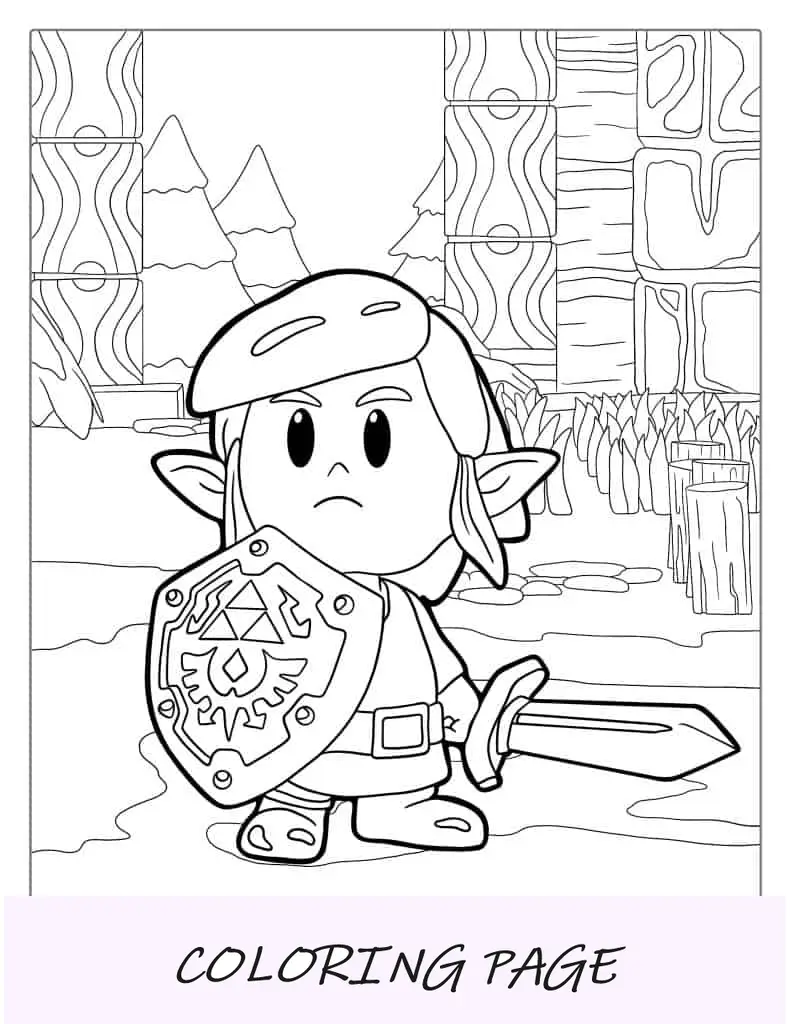 Página para colorear de Baby Zelda con Link sosteniendo la espada
