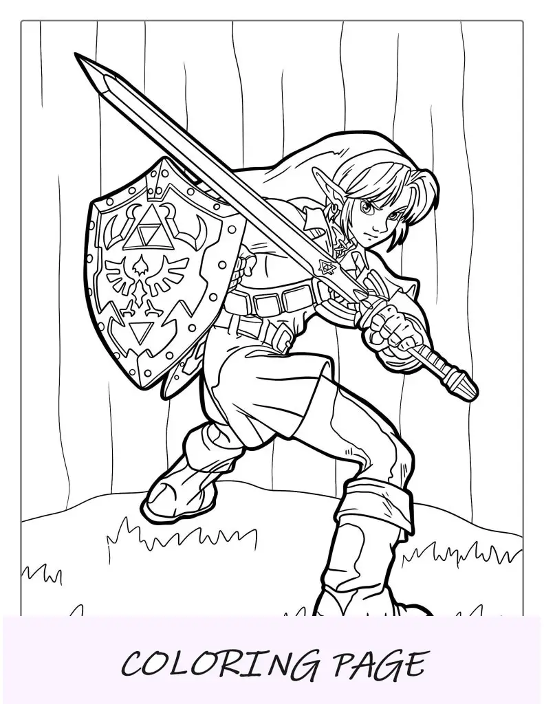 Página para colorear de Link sosteniendo espada y escudo