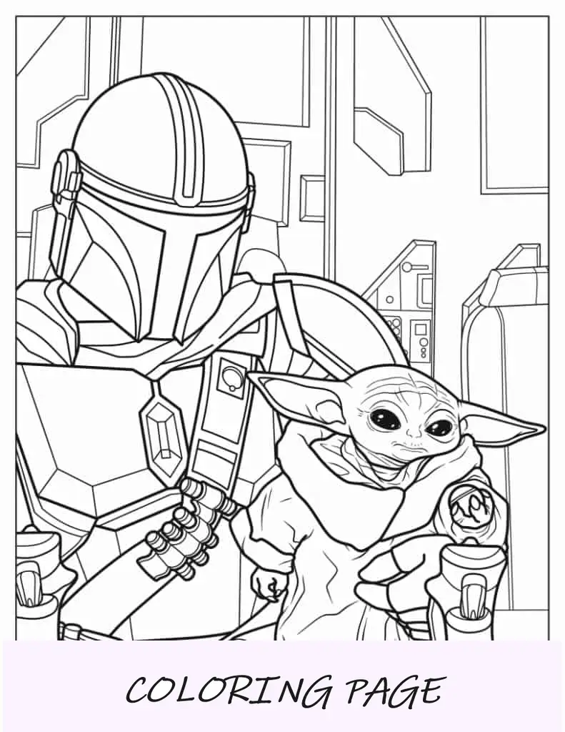 Folha para colorir detalhada de Din Djarin e Baby Yoda