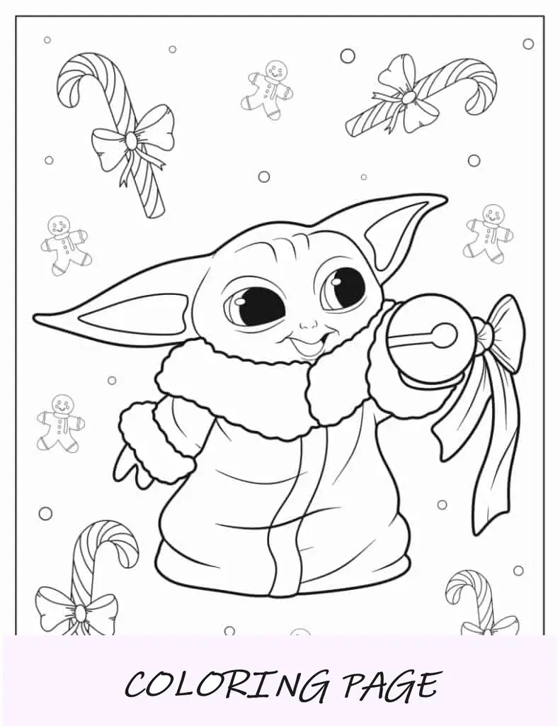 Página para colorir de Natal do bebê Yoda com bastões de doces