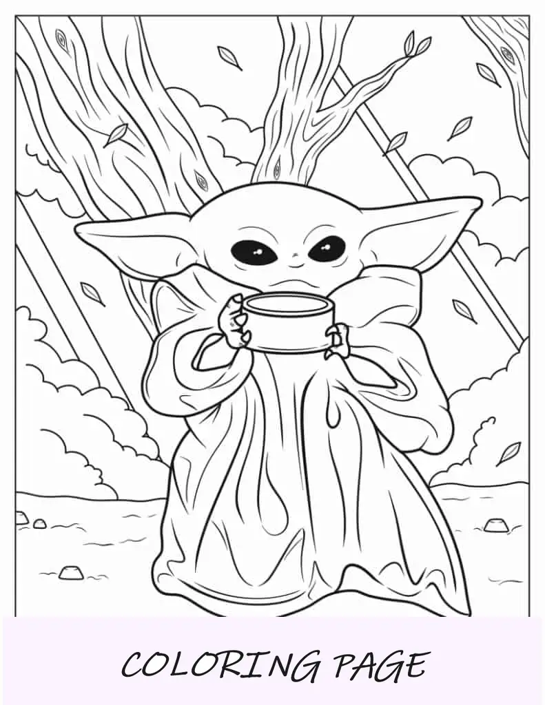 Bebê Yoda bebendo chá para colorir