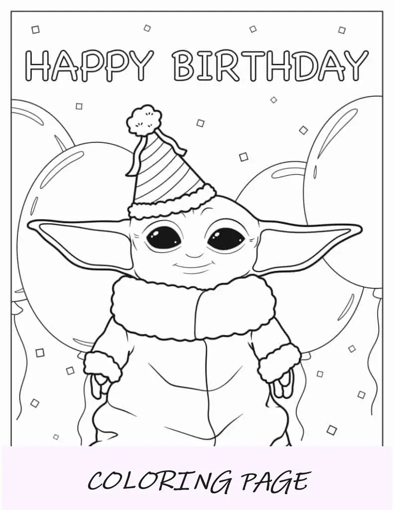 Página para colorir de feliz aniversário, bebê Yoda