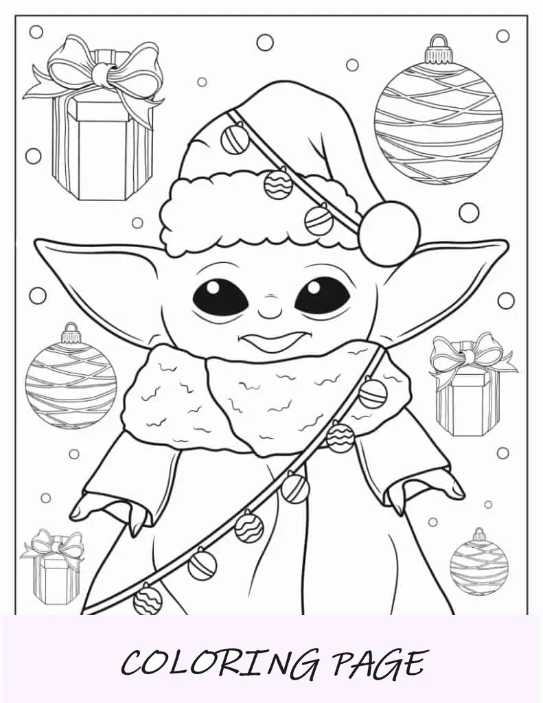 Bebê Yoda com tema de Natal para colorir