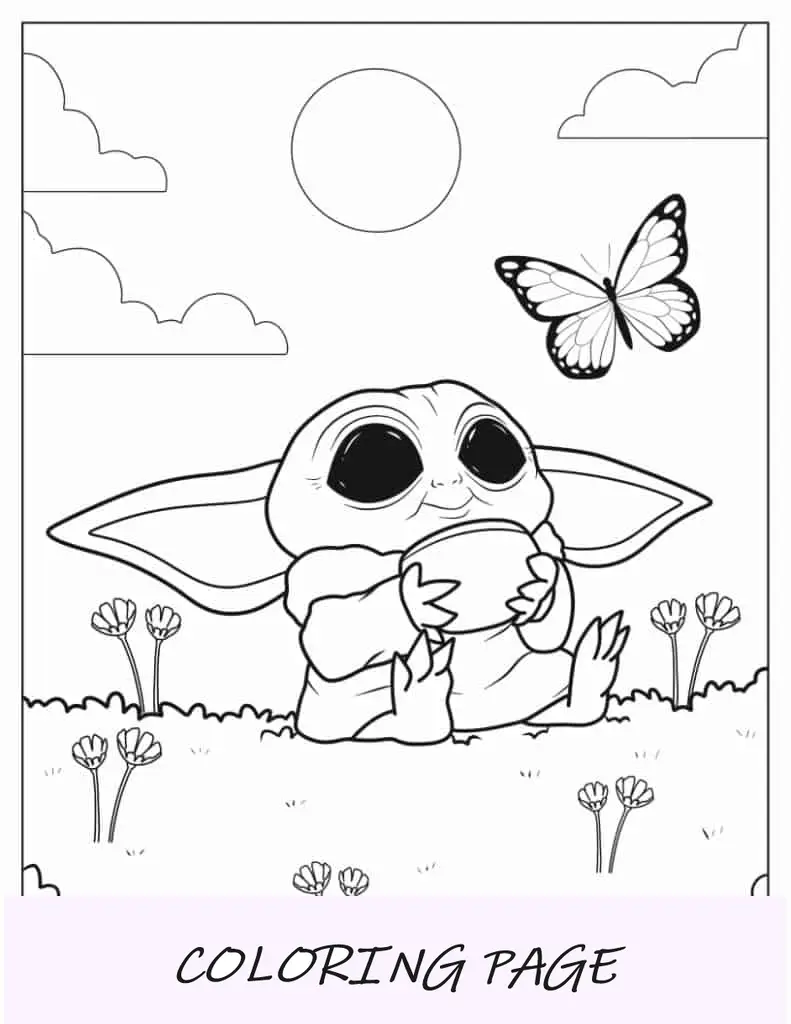 Adorável bebê Yoda olhando para borboleta