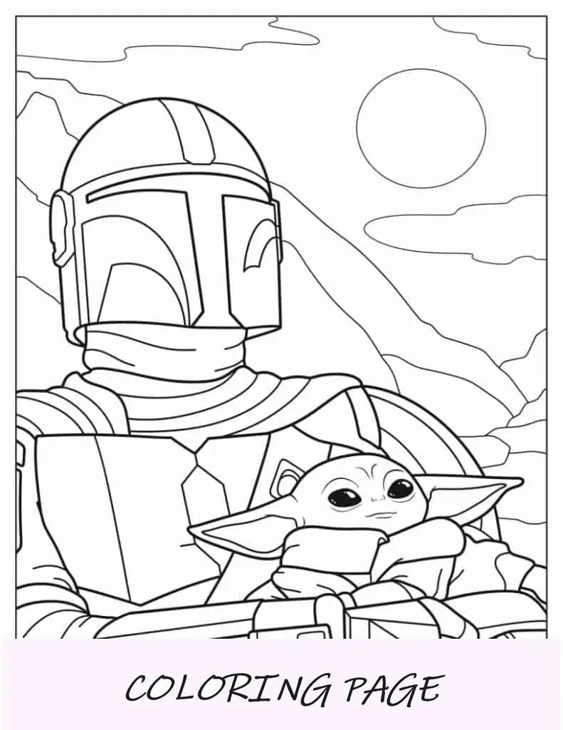 O Mandaloriano segurando o bebê Yoda para colorir