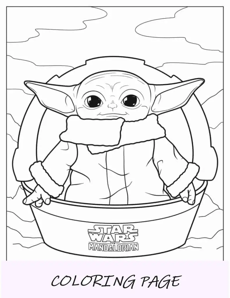 Bebê Yoda pairando no carrinho para colorir