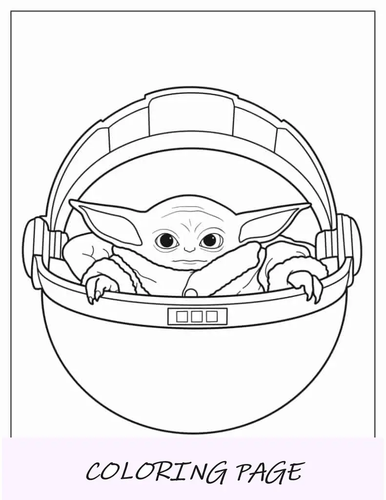 Folha para colorir do bebê Yoda no carrinho pairando