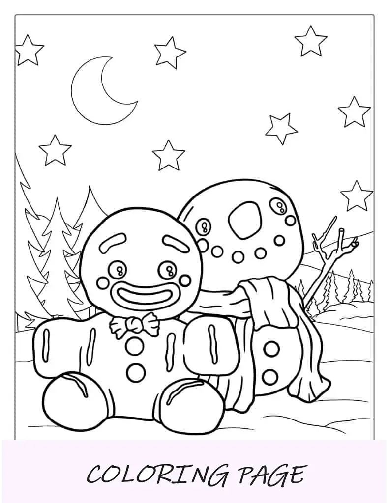 Hombre de jengibre con muñeco de nieve para colorear