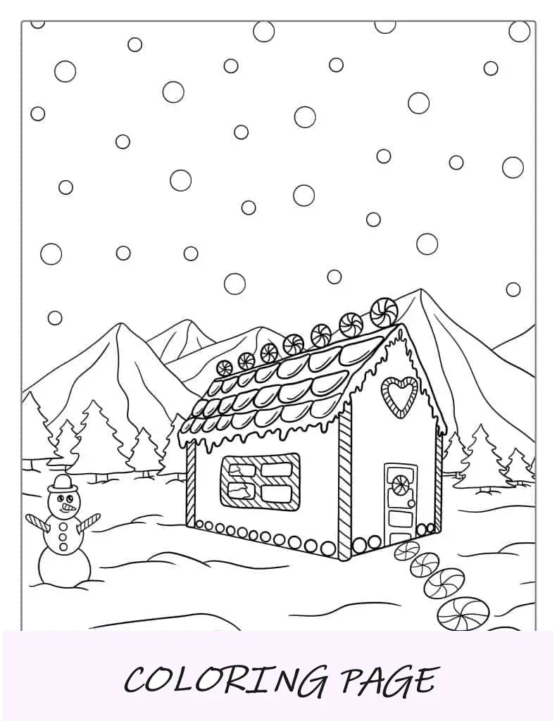 Casa de pan de jengibre con muñeco de nieve para colorear