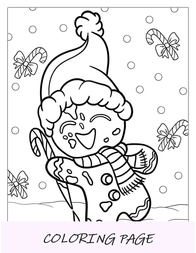 Hombre de jengibre feliz con gorro de Papá Noel para colorear