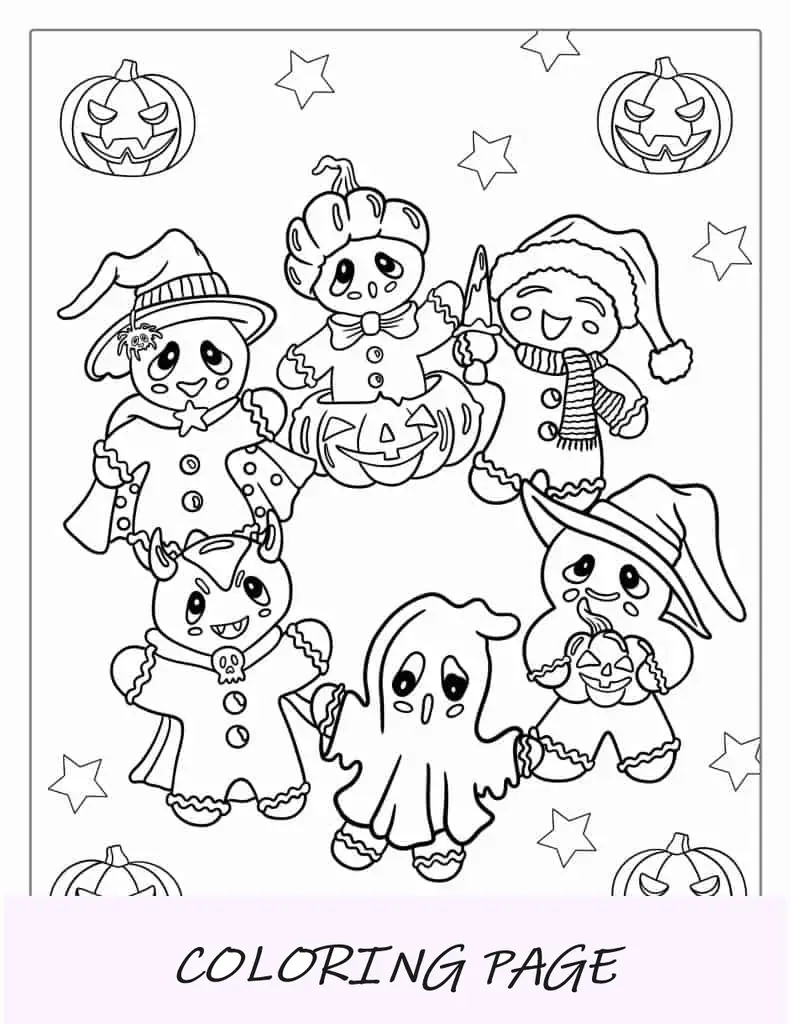 Página para colorear de hombres de jengibre de Halloween